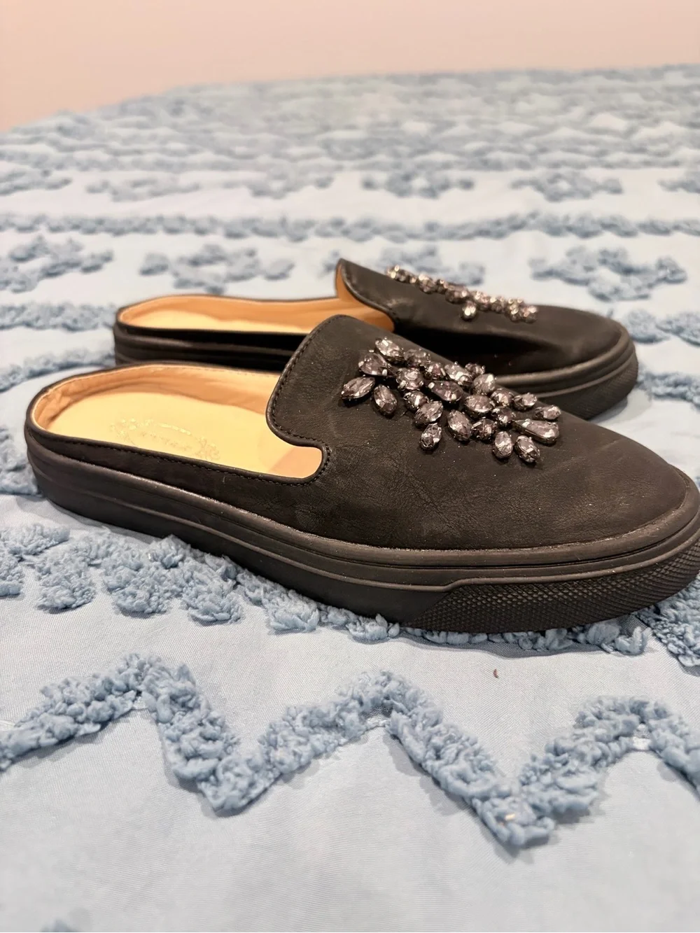 Joyfolie Black Jeweled Slip-On Mules